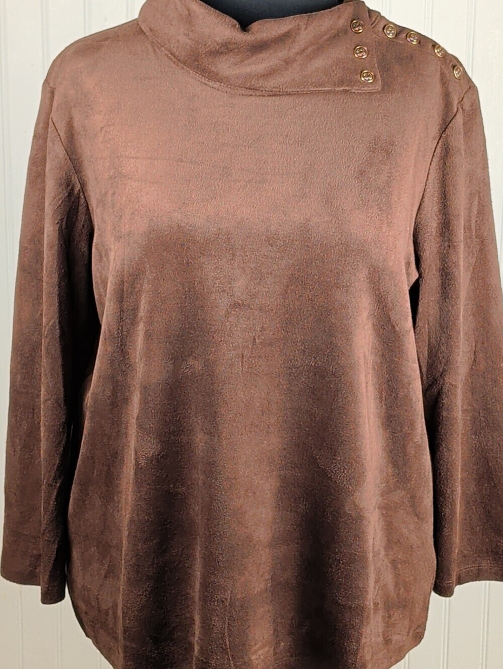 JMcLaughlin NWT Clio Faux Suede Envelope Collar Top - Mocha Brown Gold Button XL
